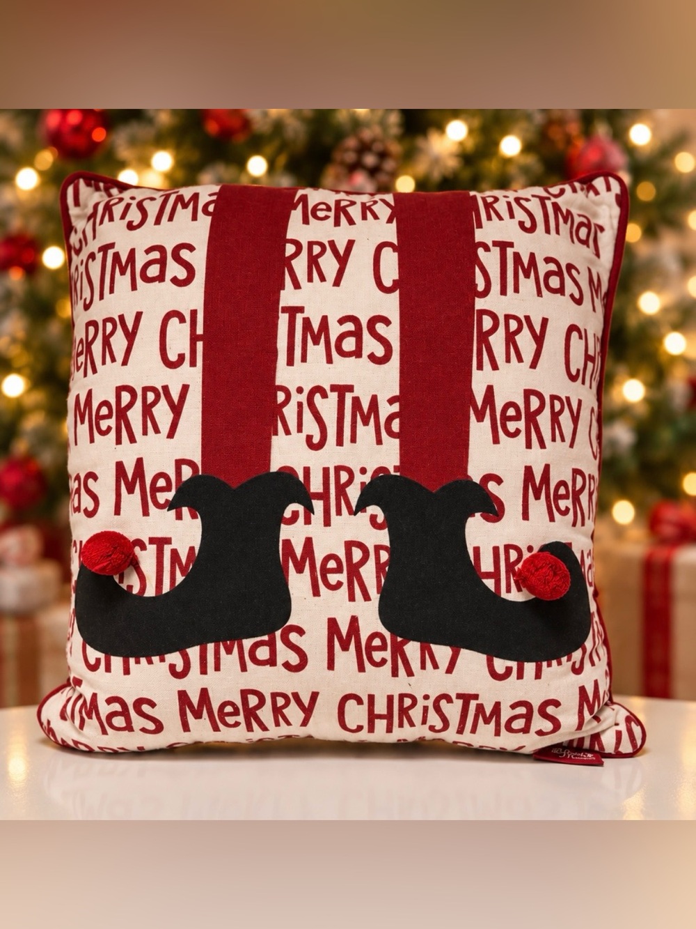 Merry Christmas Elf Legs Decorative Pillow - Red & Black
